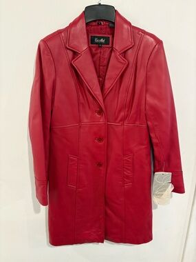 Red Leather Coat Womens Button Front Jacket Classic Statement Coat NWT